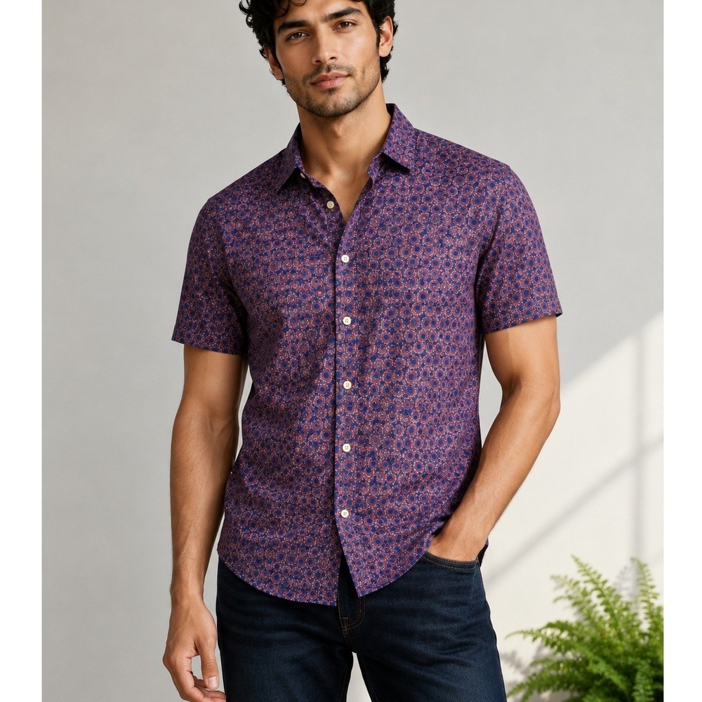 ROWM Geometric Dot Print Button Front Shirt Men's Large Cotton Short‎ Sleeve